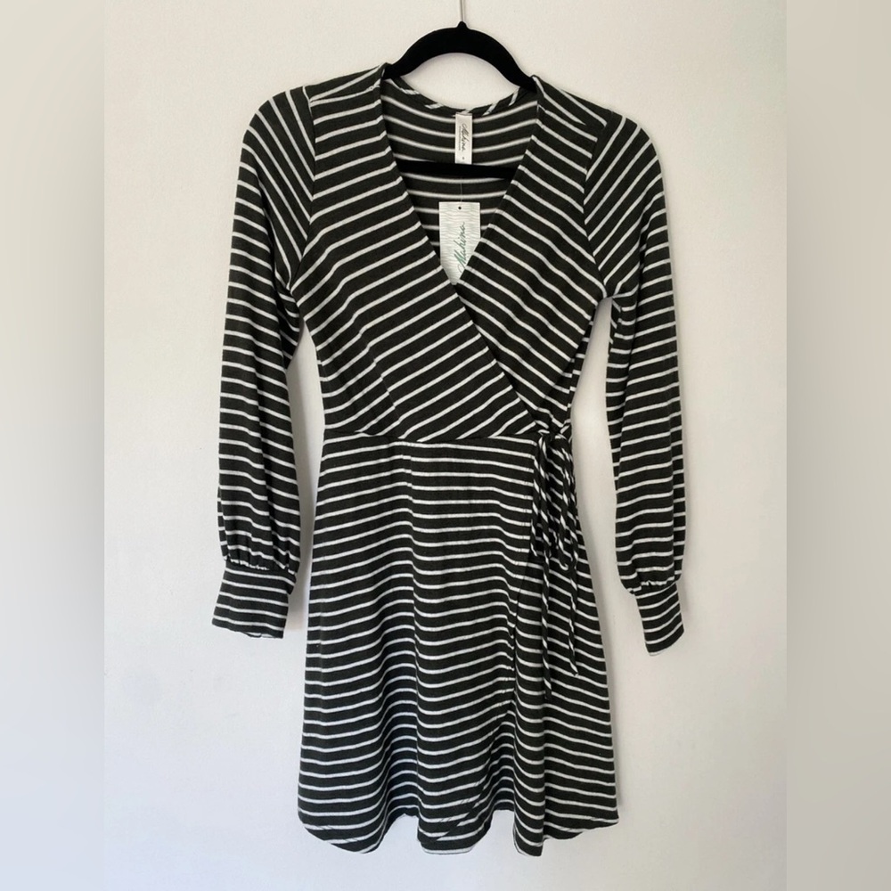 Mahina olive green and White Striped Long Sleeve Dress